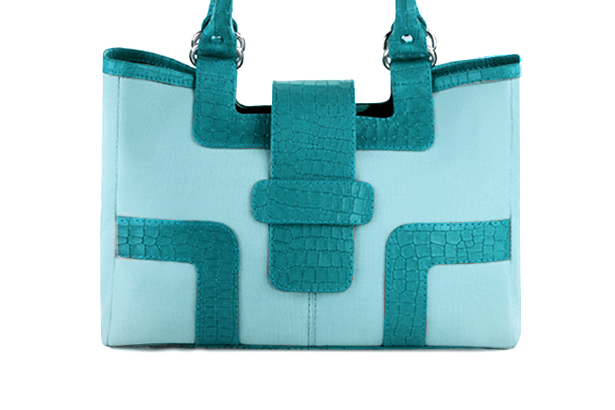 Aquamarine blue women's dress handbag, matching pumps and belts. Profile view - Florence KOOIJMAN